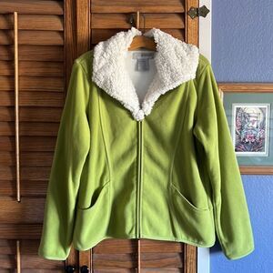 Barrage Upcycled Faux Fur Collar Zip Front Lime Fleece Sweater Jacket XL
